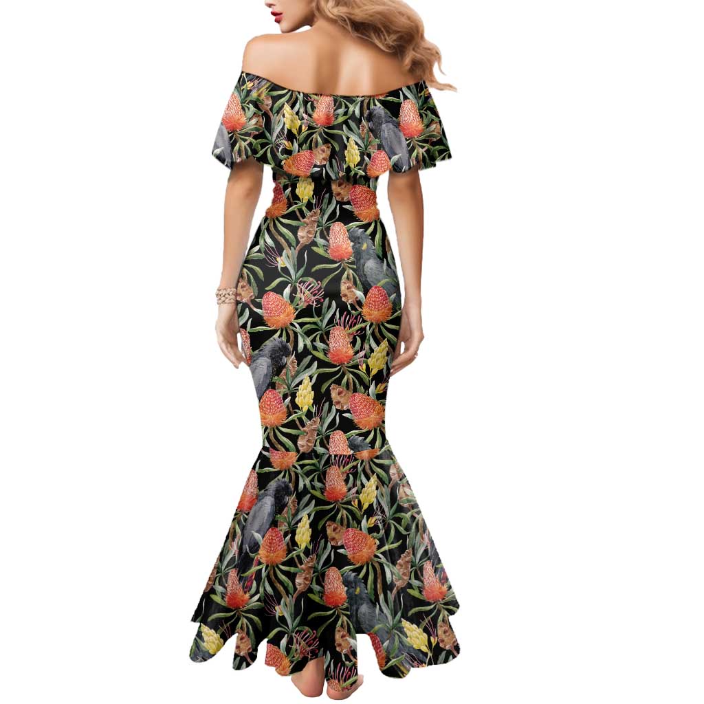 Australia Black Cockatoo And Banksia Flowers Mermaid Dress