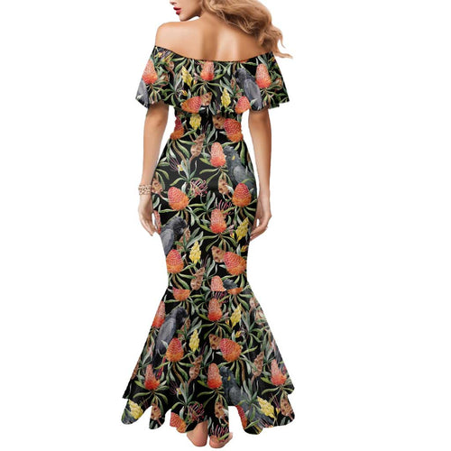 Australia Black Cockatoo And Banksia Flowers Mermaid Dress