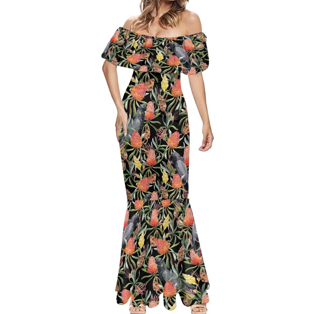 Australia Black Cockatoo And Banksia Flowers Mermaid Dress