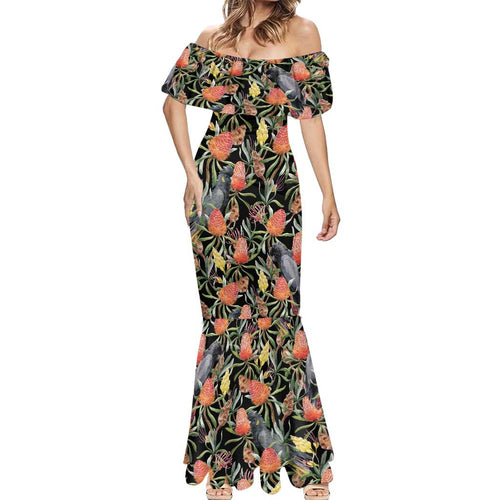 Australia Black Cockatoo And Banksia Flowers Mermaid Dress