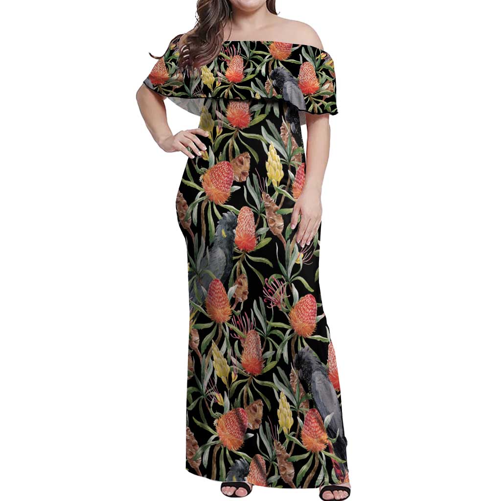 Australia Black Cockatoo And Banksia Flowers Off Shoulder Maxi Dress