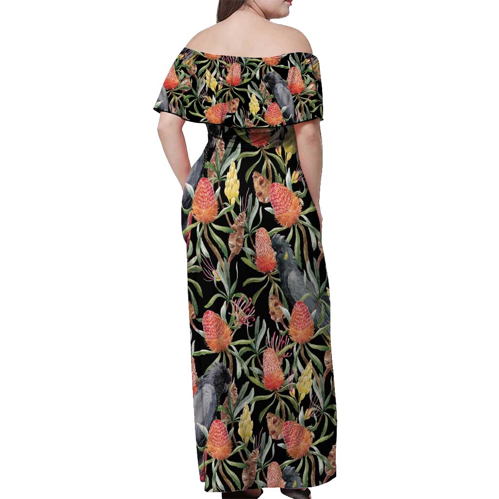 Australia Black Cockatoo And Banksia Flowers Off Shoulder Maxi Dress