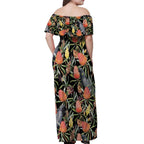 Australia Black Cockatoo And Banksia Flowers Off Shoulder Maxi Dress