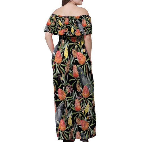 Australia Black Cockatoo And Banksia Flowers Off Shoulder Maxi Dress