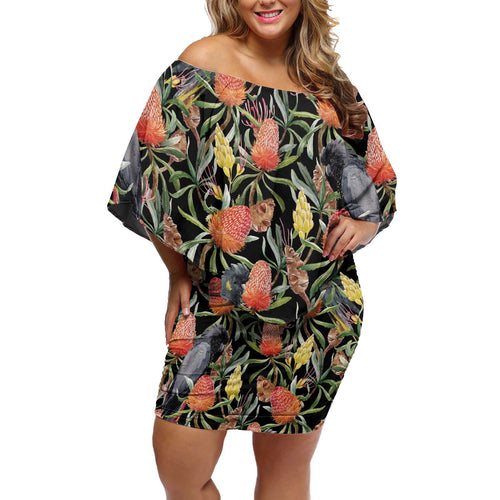 Australia Black Cockatoo And Banksia Flowers Off Shoulder Short Dress