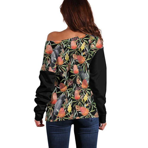 Australia Black Cockatoo And Banksia Flowers Off Shoulder Sweater