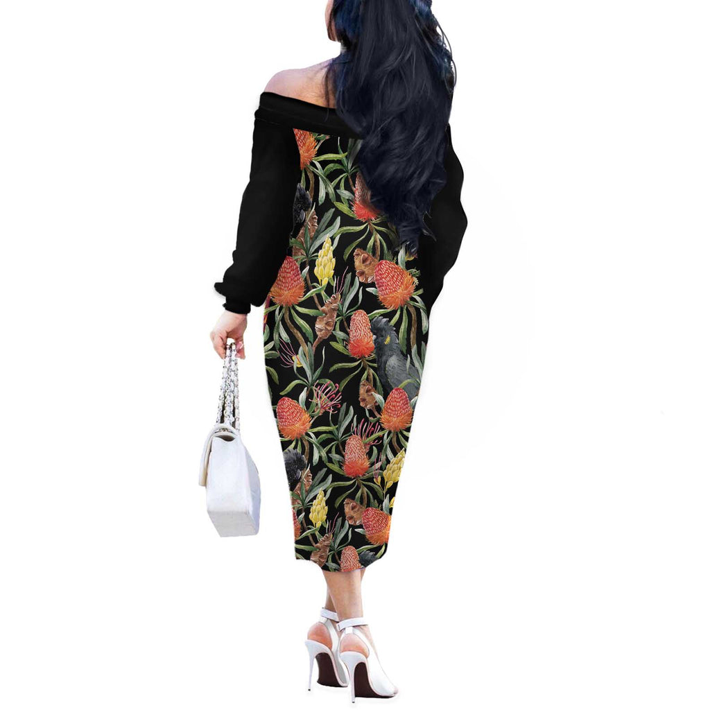 Australia Black Cockatoo And Banksia Flowers Off The Shoulder Long Sleeve Dress