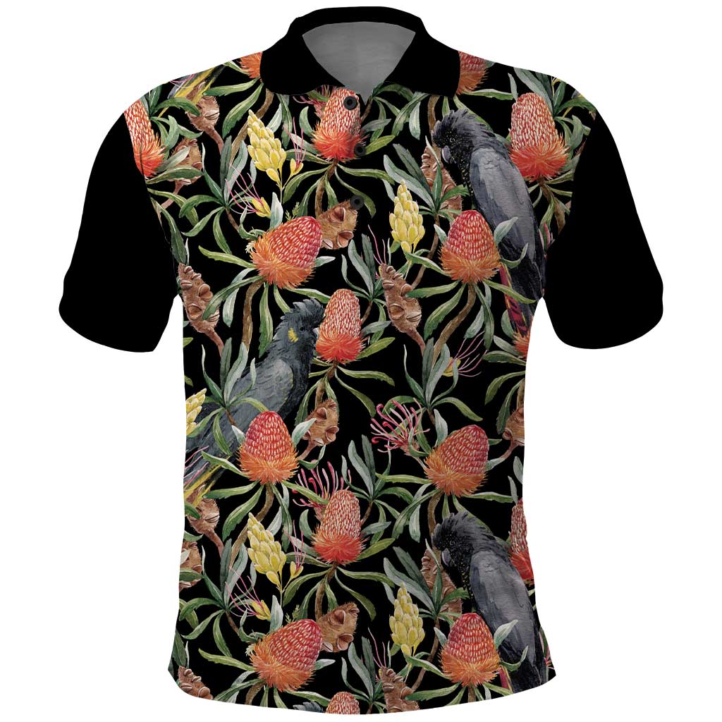 Australia Black Cockatoo And Banksia Flowers Polo Shirt