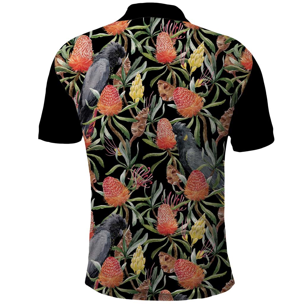 Australia Black Cockatoo And Banksia Flowers Polo Shirt