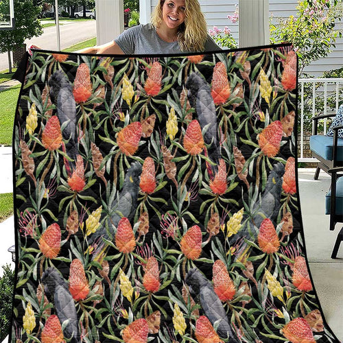 Australia Black Cockatoo And Banksia Flowers Quilt