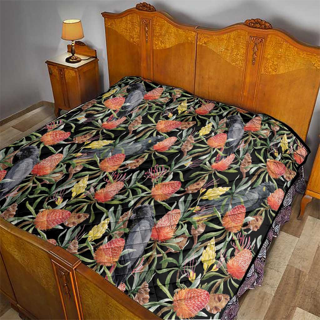 Australia Black Cockatoo And Banksia Flowers Quilt