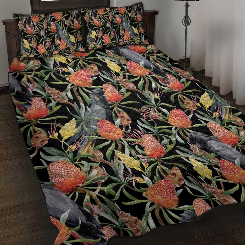 Australia Black Cockatoo And Banksia Flowers Quilt Bed Set