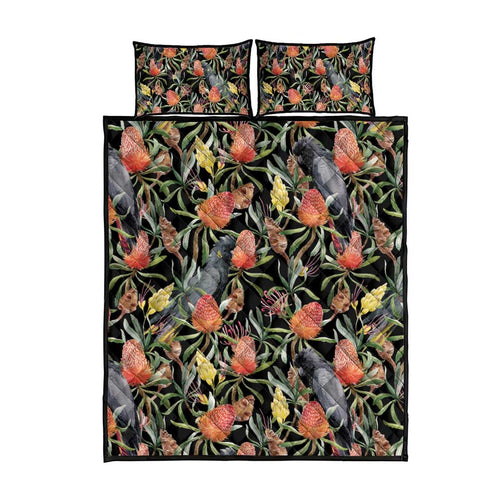 Australia Black Cockatoo And Banksia Flowers Quilt Bed Set