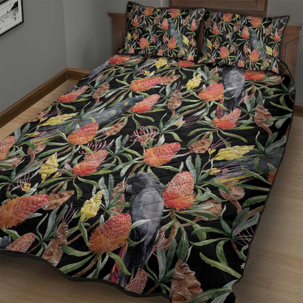 Australia Black Cockatoo And Banksia Flowers Quilt Bed Set