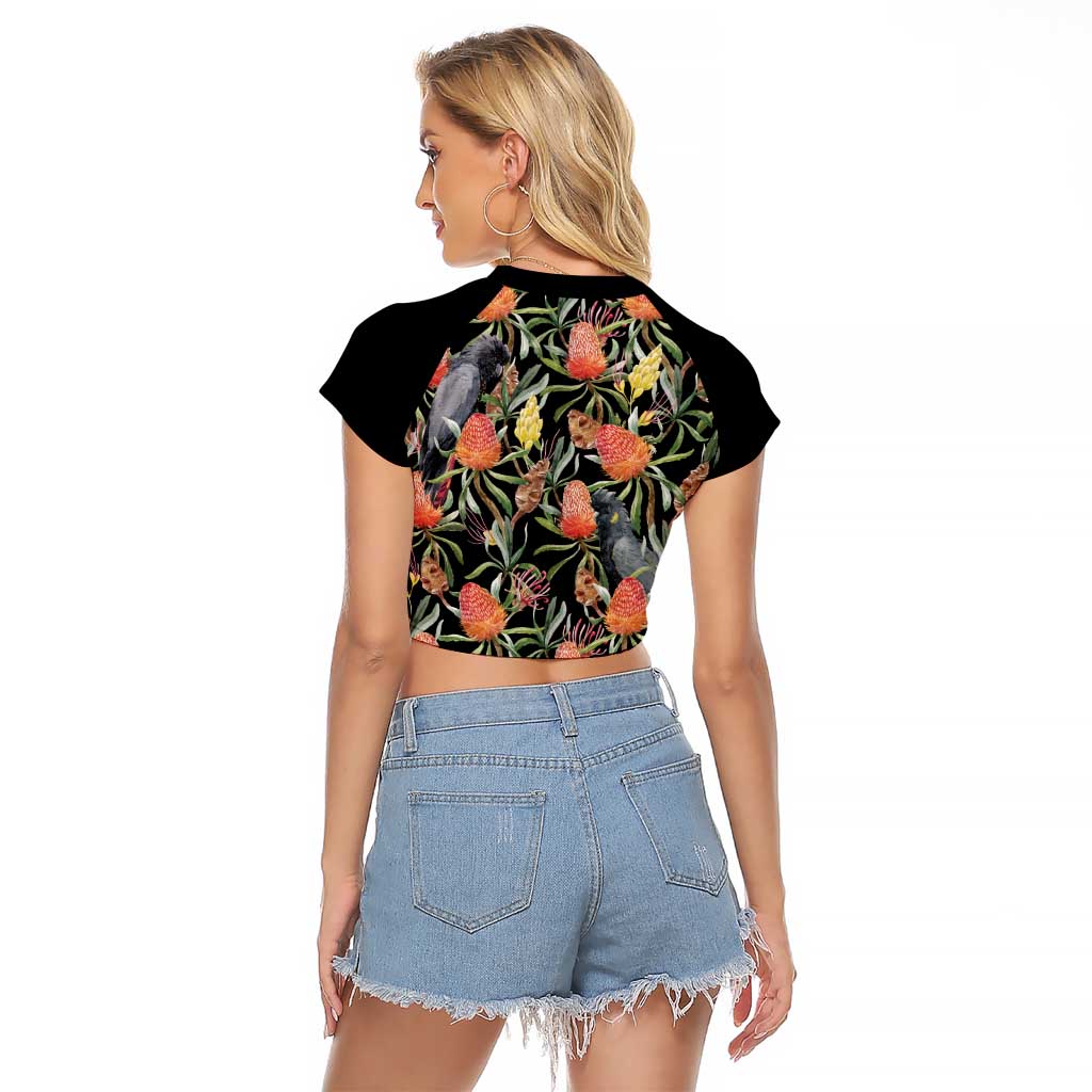 Australia Black Cockatoo And Banksia Flowers Raglan Cropped T Shirt