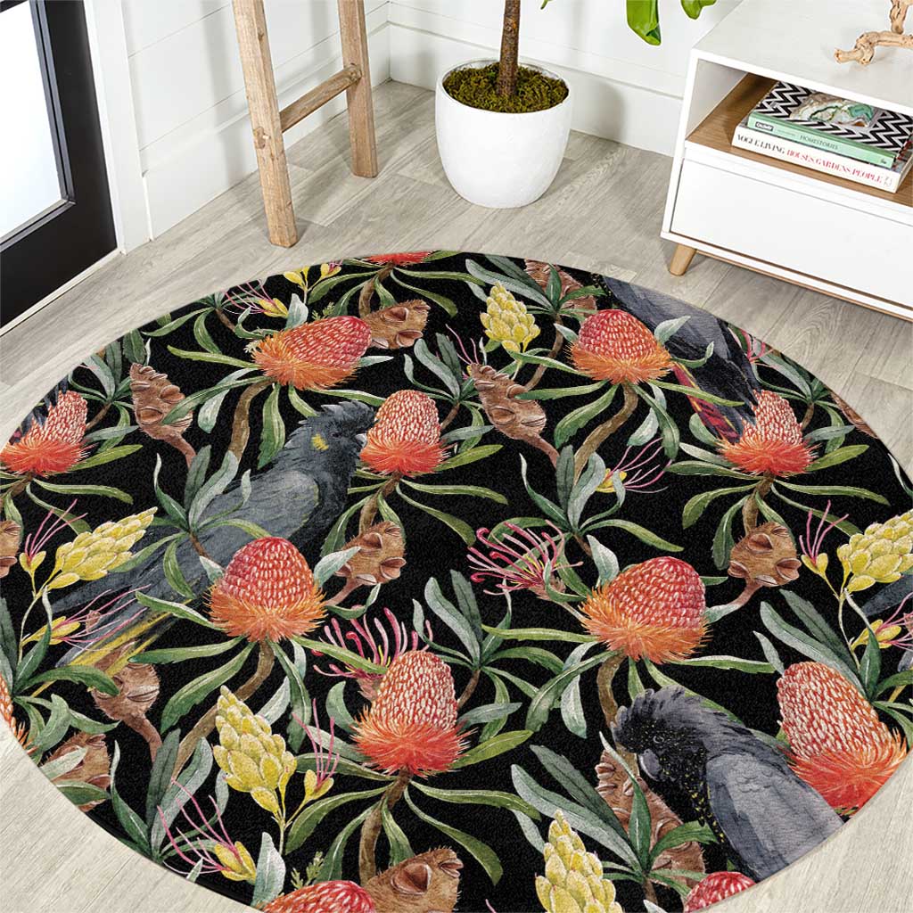 Australia Black Cockatoo And Banksia Flowers Round Carpet