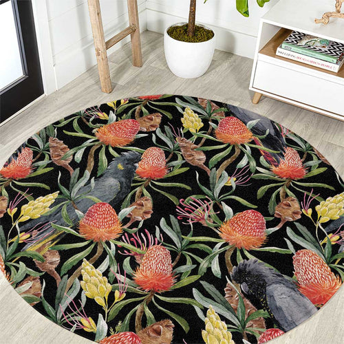Australia Black Cockatoo And Banksia Flowers Round Carpet