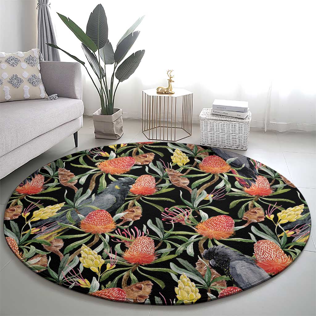 Australia Black Cockatoo And Banksia Flowers Round Carpet