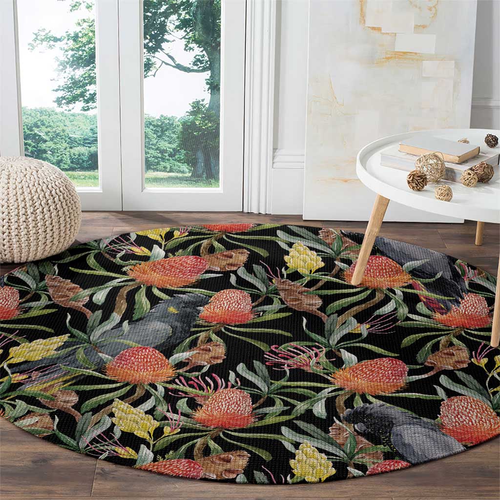 Australia Black Cockatoo And Banksia Flowers Round Carpet