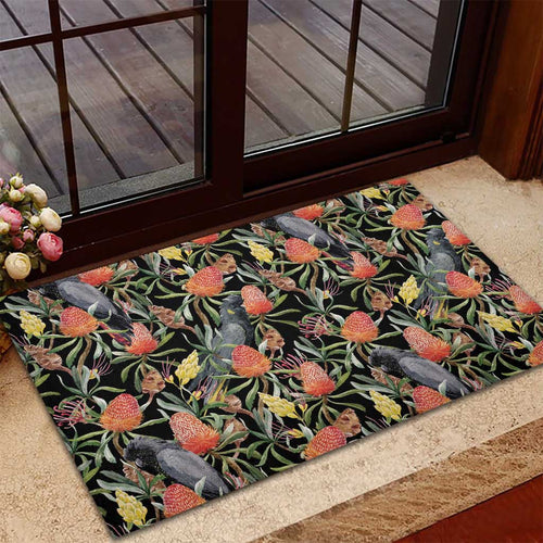 Australia Black Cockatoo And Banksia Flowers Rubber Doormat