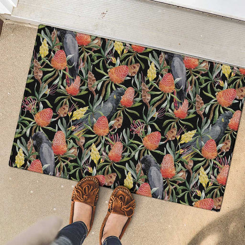 Australia Black Cockatoo And Banksia Flowers Rubber Doormat