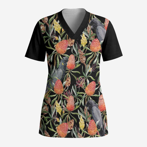 Australia Black Cockatoo And Banksia Flowers Scrub Top - Aussie Hoodie