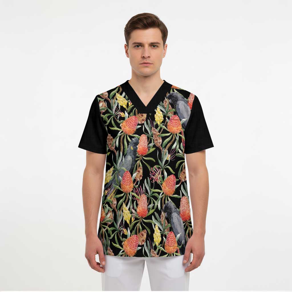 Australia Black Cockatoo And Banksia Flowers Scrub Top - Aussie Hoodie