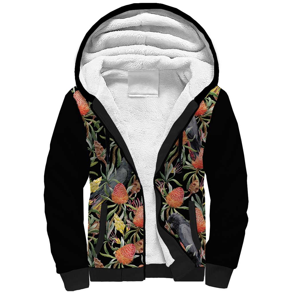 Australia Black Cockatoo And Banksia Flowers Sherpa Hoodie