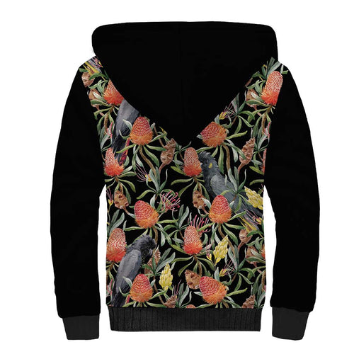 Australia Black Cockatoo And Banksia Flowers Sherpa Hoodie