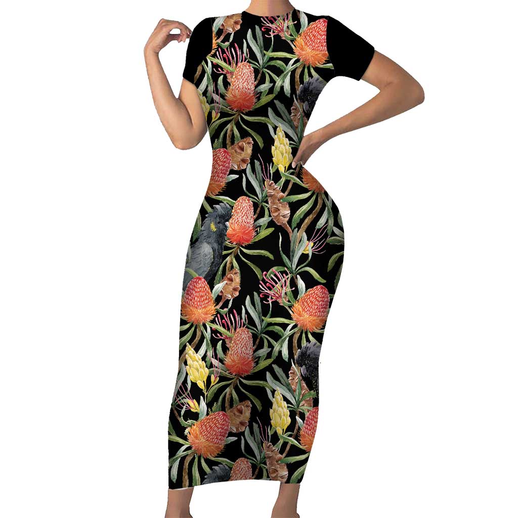 Australia Black Cockatoo And Banksia Flowers Short Sleeve Bodycon Dress