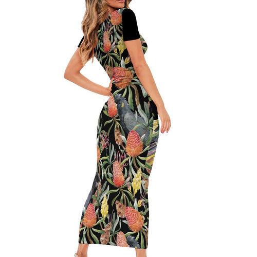 Australia Black Cockatoo And Banksia Flowers Short Sleeve Bodycon Dress