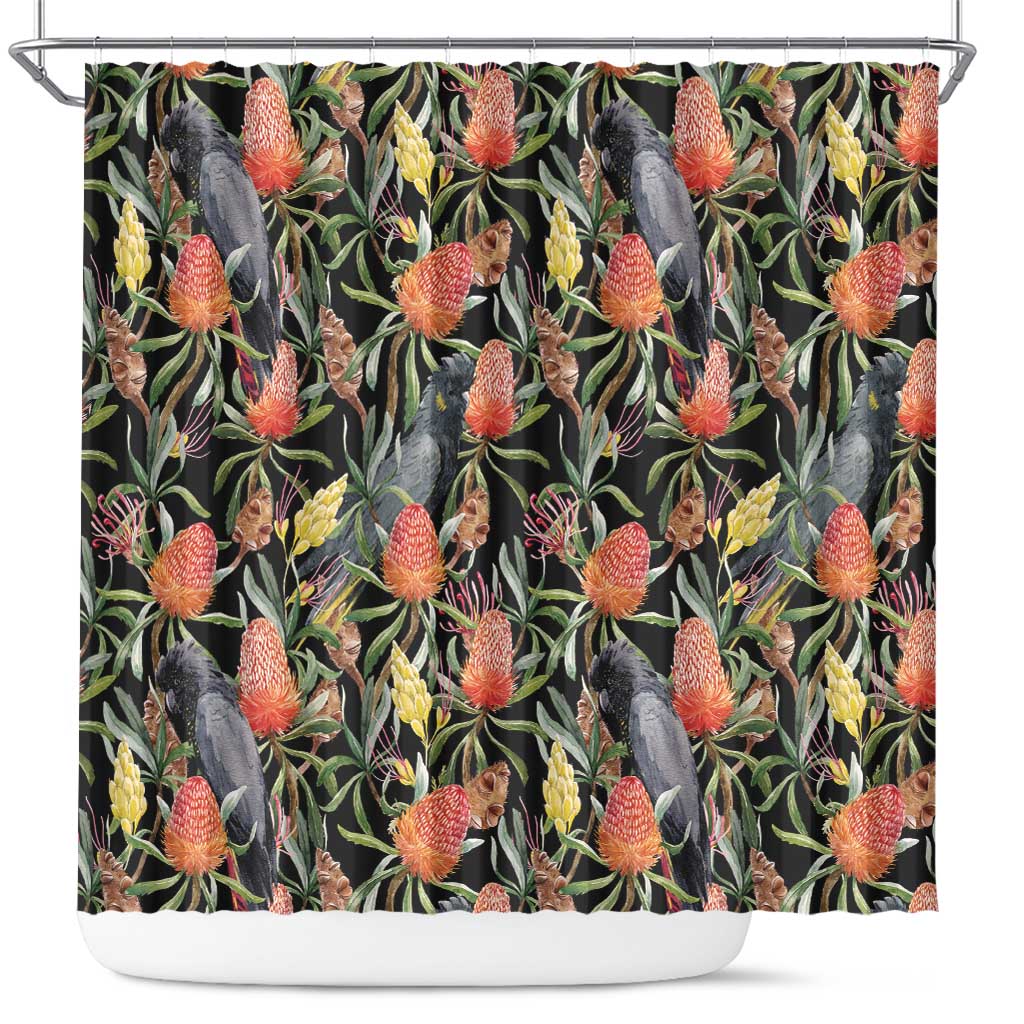 Australia Black Cockatoo And Banksia Flowers Shower Curtain