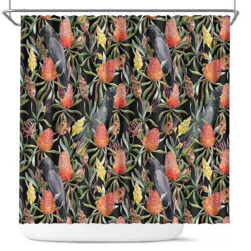 Australia Black Cockatoo And Banksia Flowers Shower Curtain