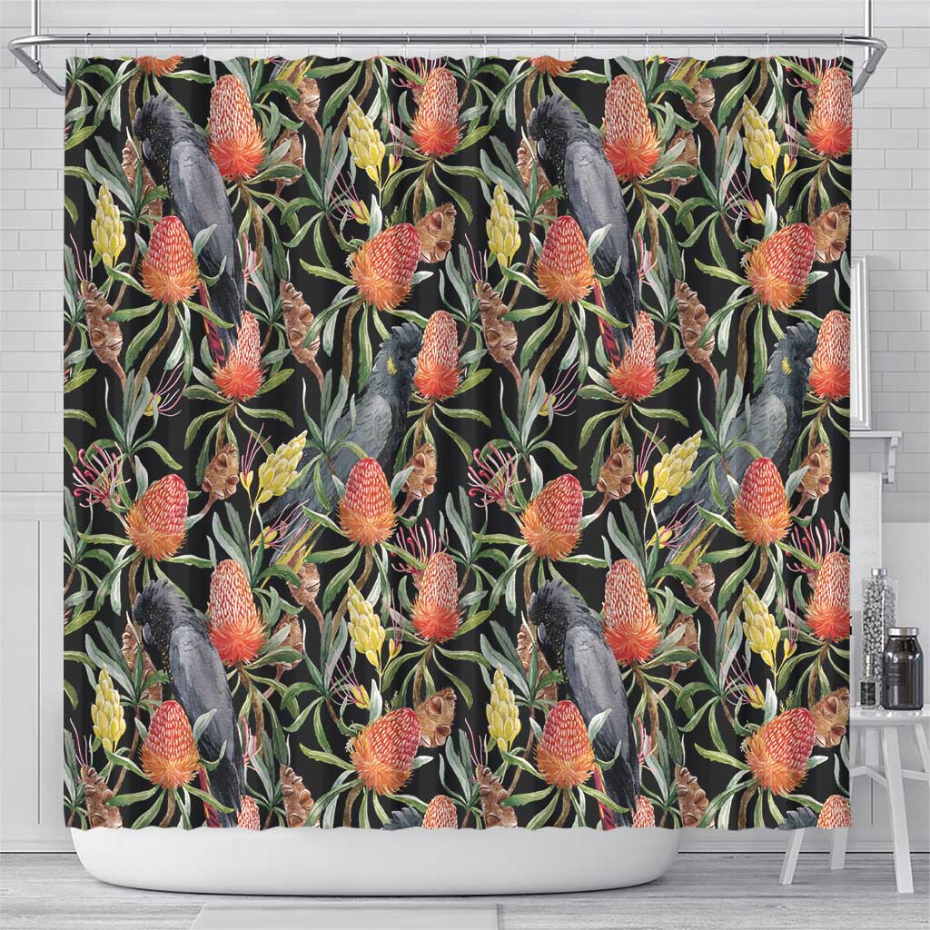 Australia Black Cockatoo And Banksia Flowers Shower Curtain