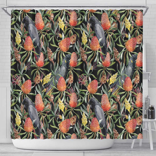 Australia Black Cockatoo And Banksia Flowers Shower Curtain