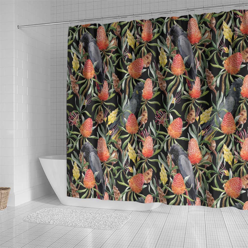 Australia Black Cockatoo And Banksia Flowers Shower Curtain