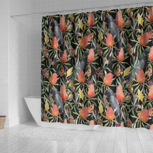Australia Black Cockatoo And Banksia Flowers Shower Curtain