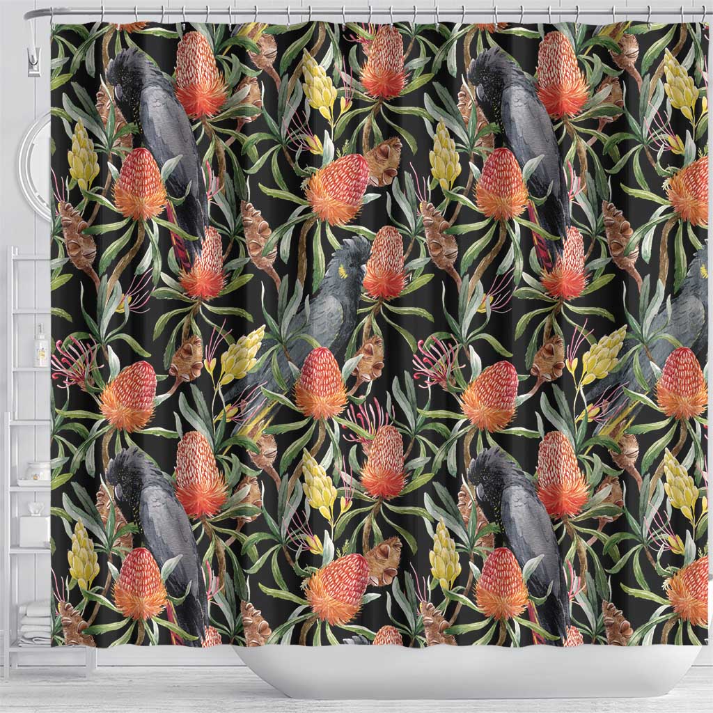 Australia Black Cockatoo And Banksia Flowers Shower Curtain