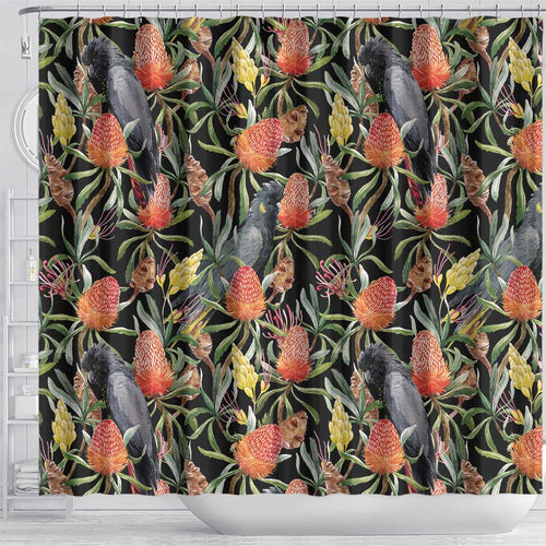 Australia Black Cockatoo And Banksia Flowers Shower Curtain
