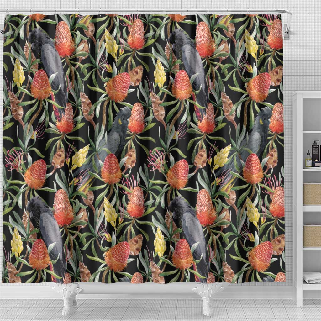 Australia Black Cockatoo And Banksia Flowers Shower Curtain