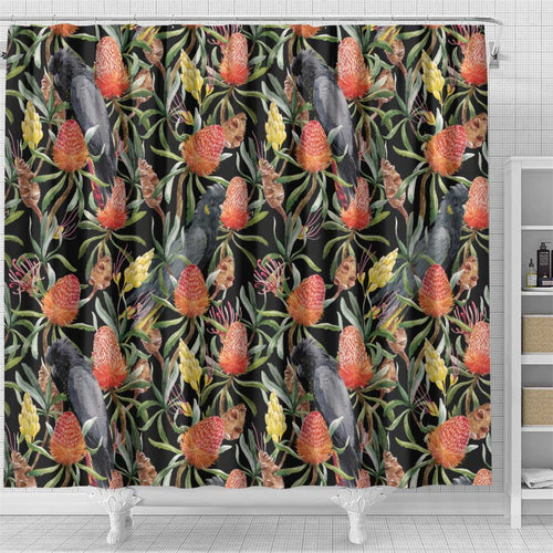 Australia Black Cockatoo And Banksia Flowers Shower Curtain