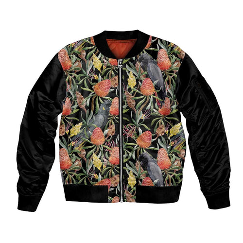 Australia Black Cockatoo And Banksia Flowers Sleeve Zip Bomber Jacket