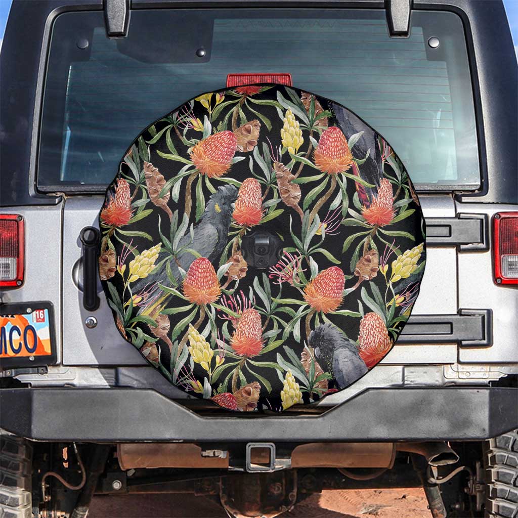Australia Black Cockatoo And Banksia Flowers Spare Tire Cover