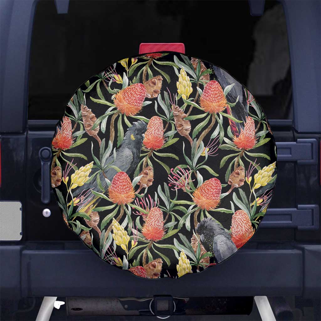 Australia Black Cockatoo And Banksia Flowers Spare Tire Cover