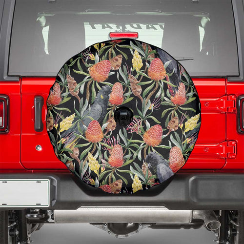 Australia Black Cockatoo And Banksia Flowers Spare Tire Cover