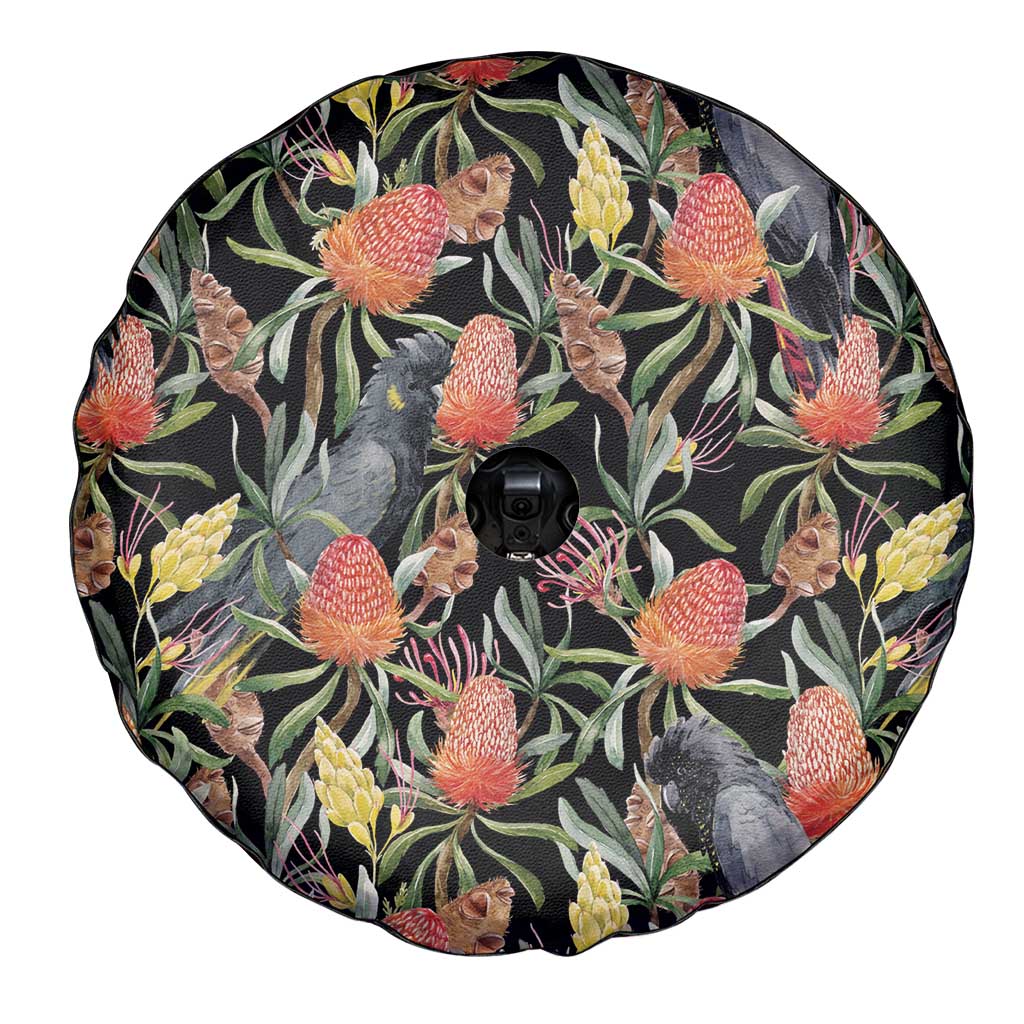 Australia Black Cockatoo And Banksia Flowers Spare Tire Cover