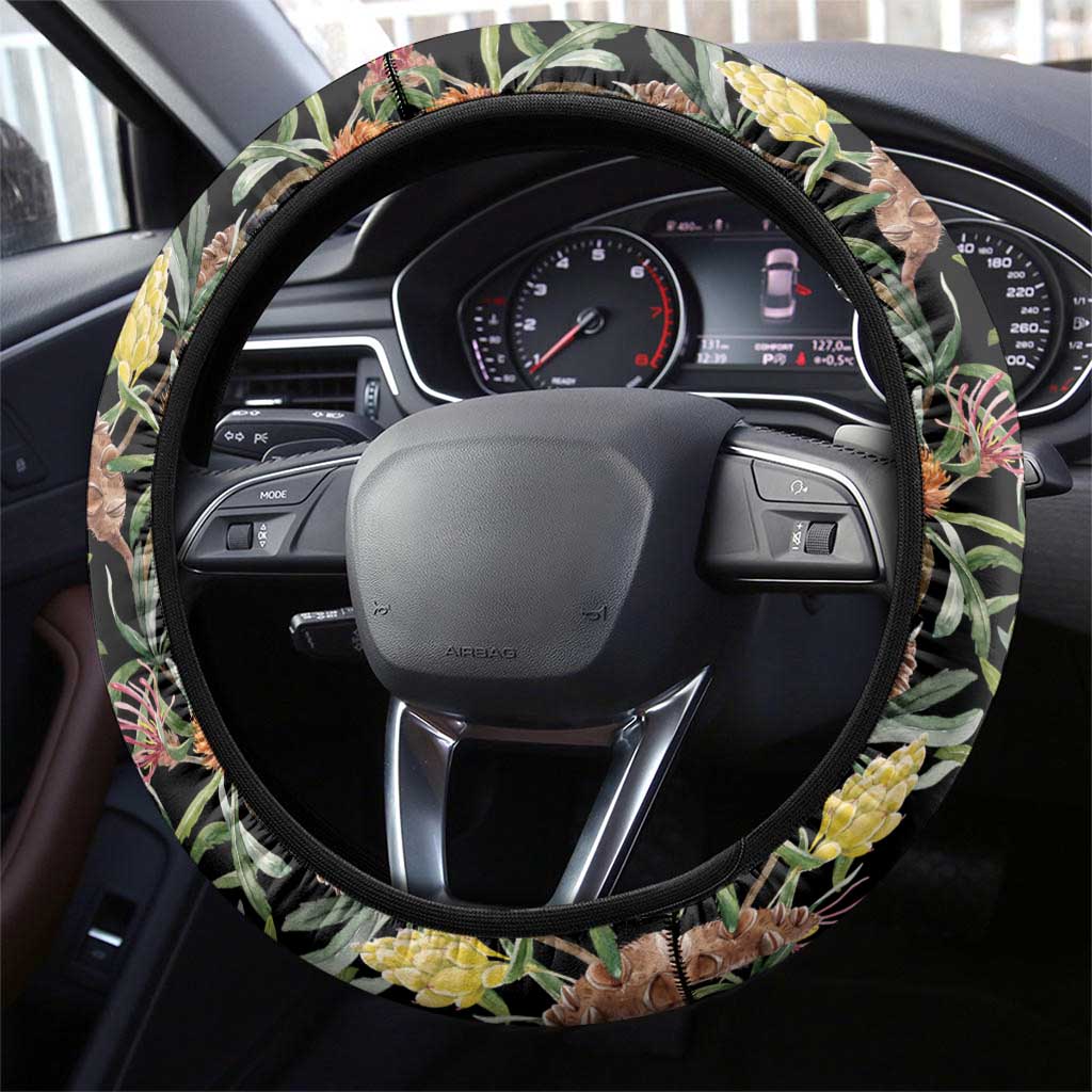 Australia Black Cockatoo And Banksia Flowers Steering Wheel Cover