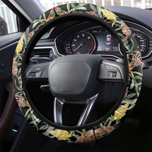 Australia Black Cockatoo And Banksia Flowers Steering Wheel Cover