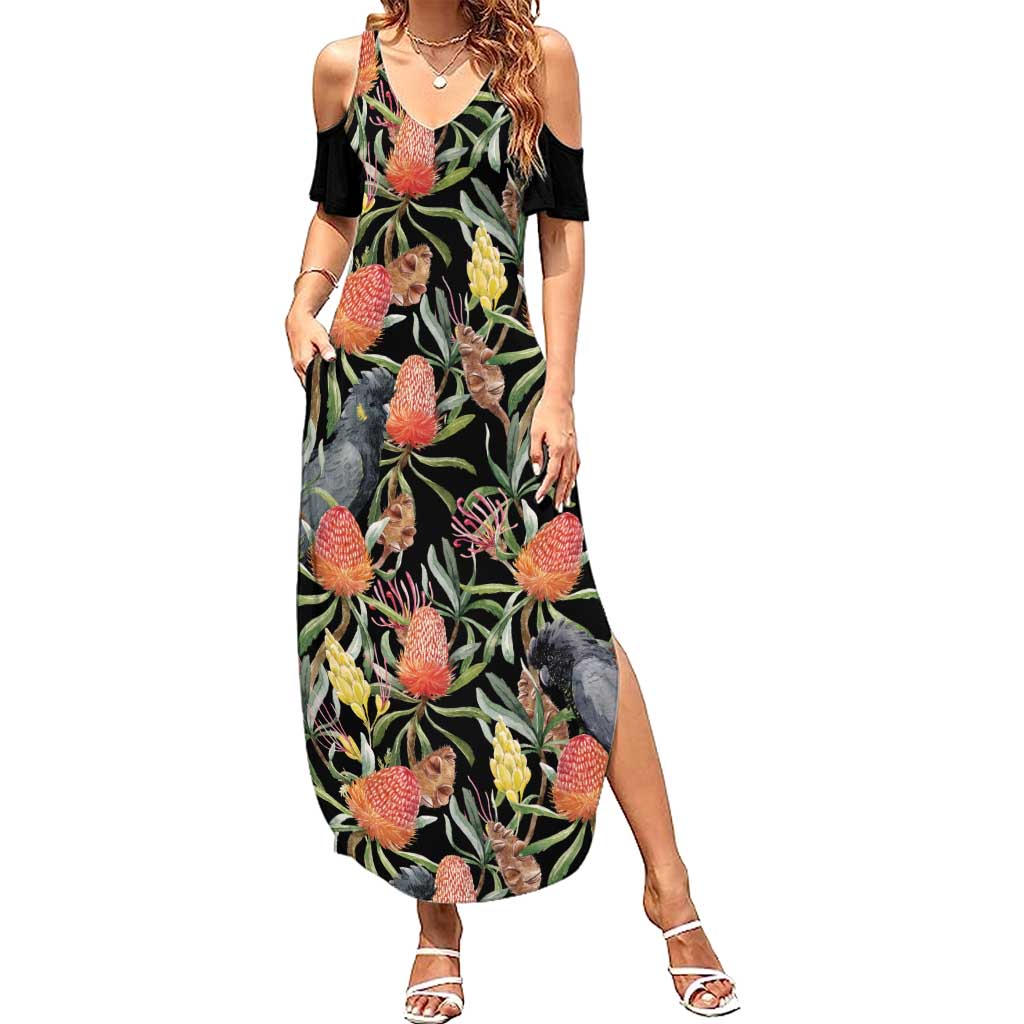 Australia Black Cockatoo And Banksia Flowers Summer Maxi Dress