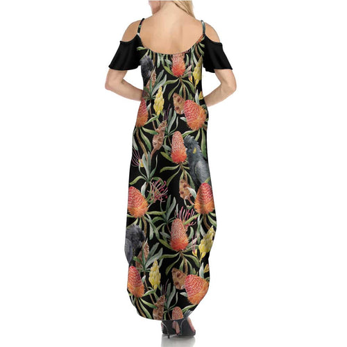 Australia Black Cockatoo And Banksia Flowers Summer Maxi Dress